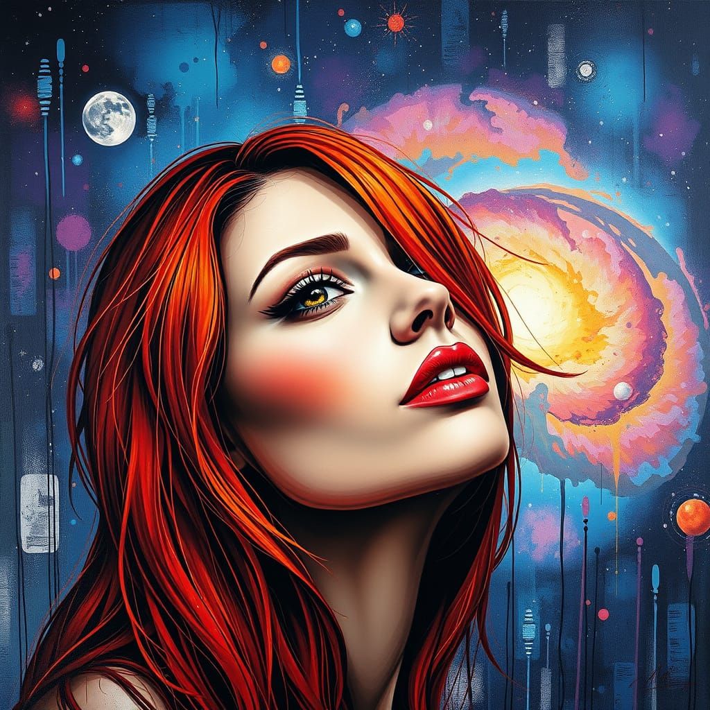 Redhead Woman Against Vibrant Galaxy Background