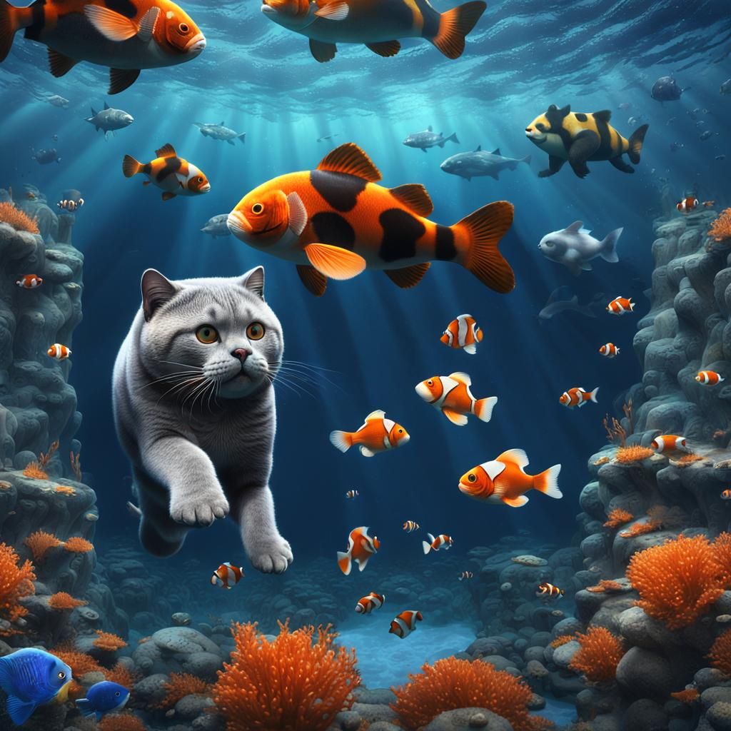 Cat and Panda Underwater Adventure in Detailed Painting