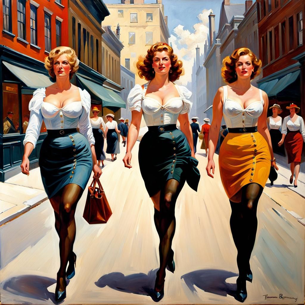 Vintage Fashion in a City Oil Painting
