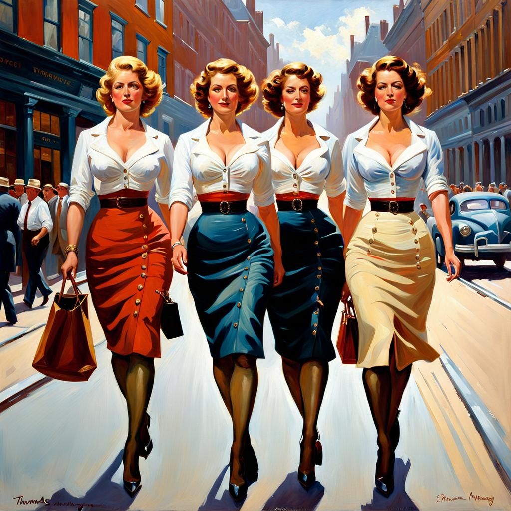 Vintage Danish Women in City, Oil Painting