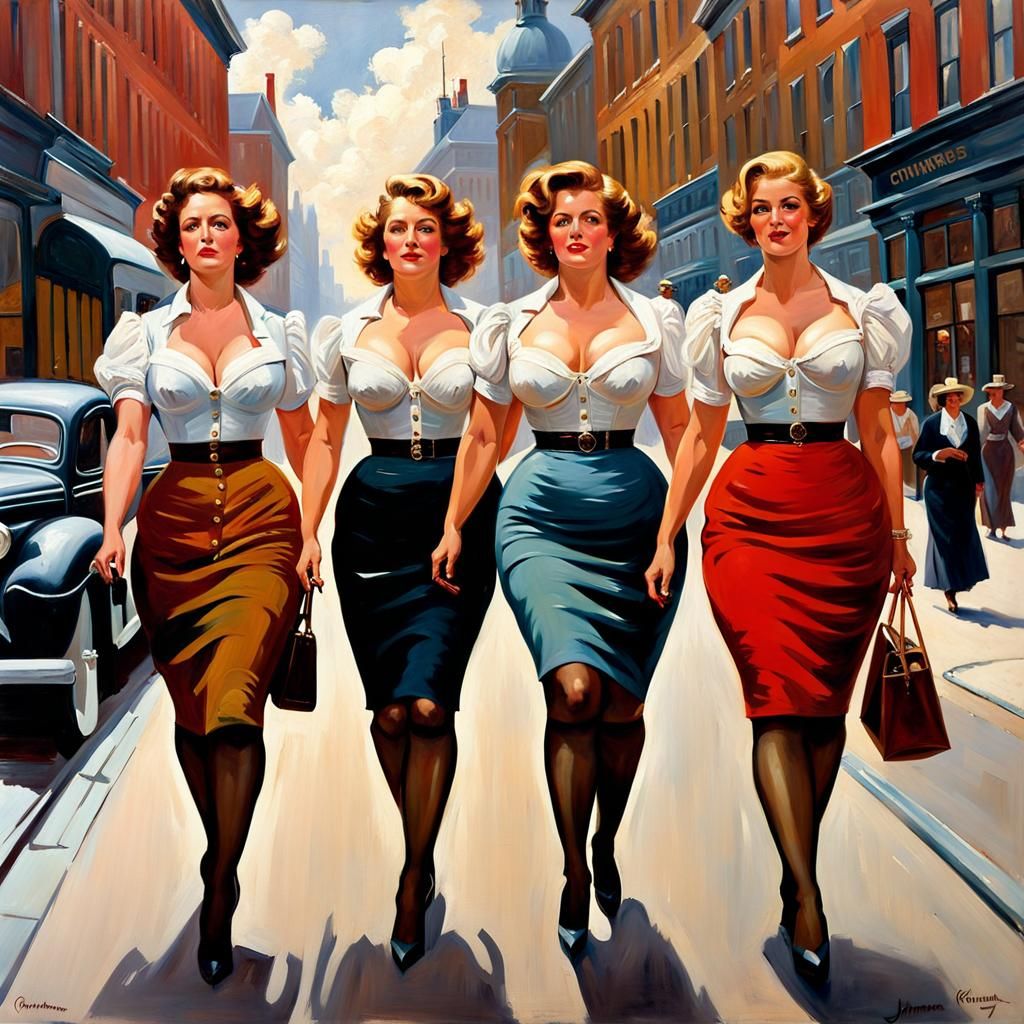 Vintage Oil Painting: Curvy Women in the City