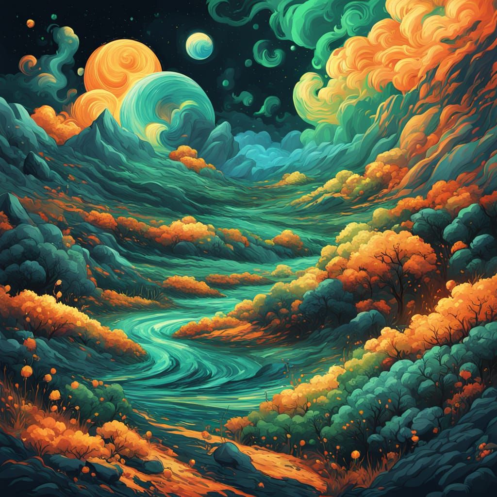 Vibrant Cosmic Landscape Art in Van Gogh Style