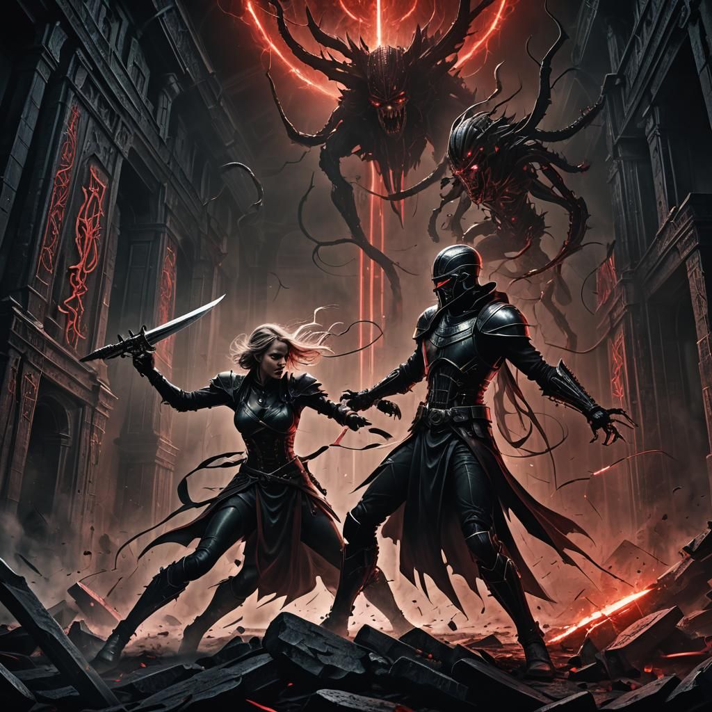 Epic Battle Against Dark Force in Dark Fantasy Style