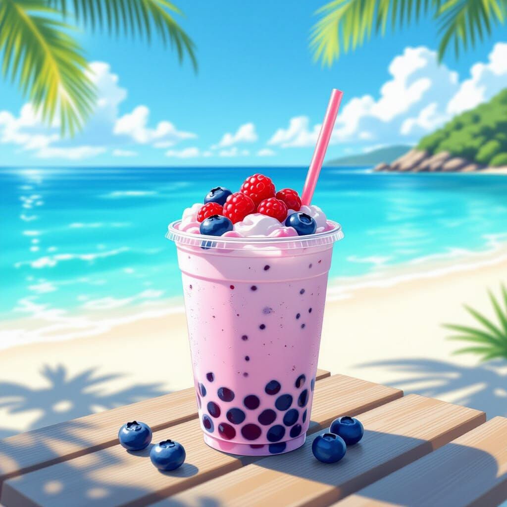 Blueberry Bubble Tea on Tropical Beach, Loish Style