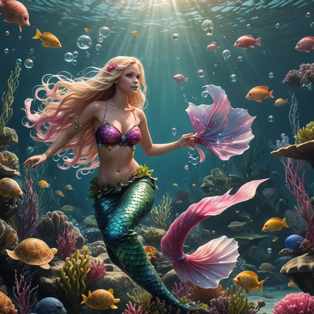 Blonde Mermaid Swimming with Sea Life: Fantasy Art