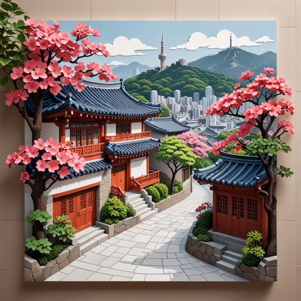 Paper Cut Art of Seoul's Namsan Tower and Hanok Street