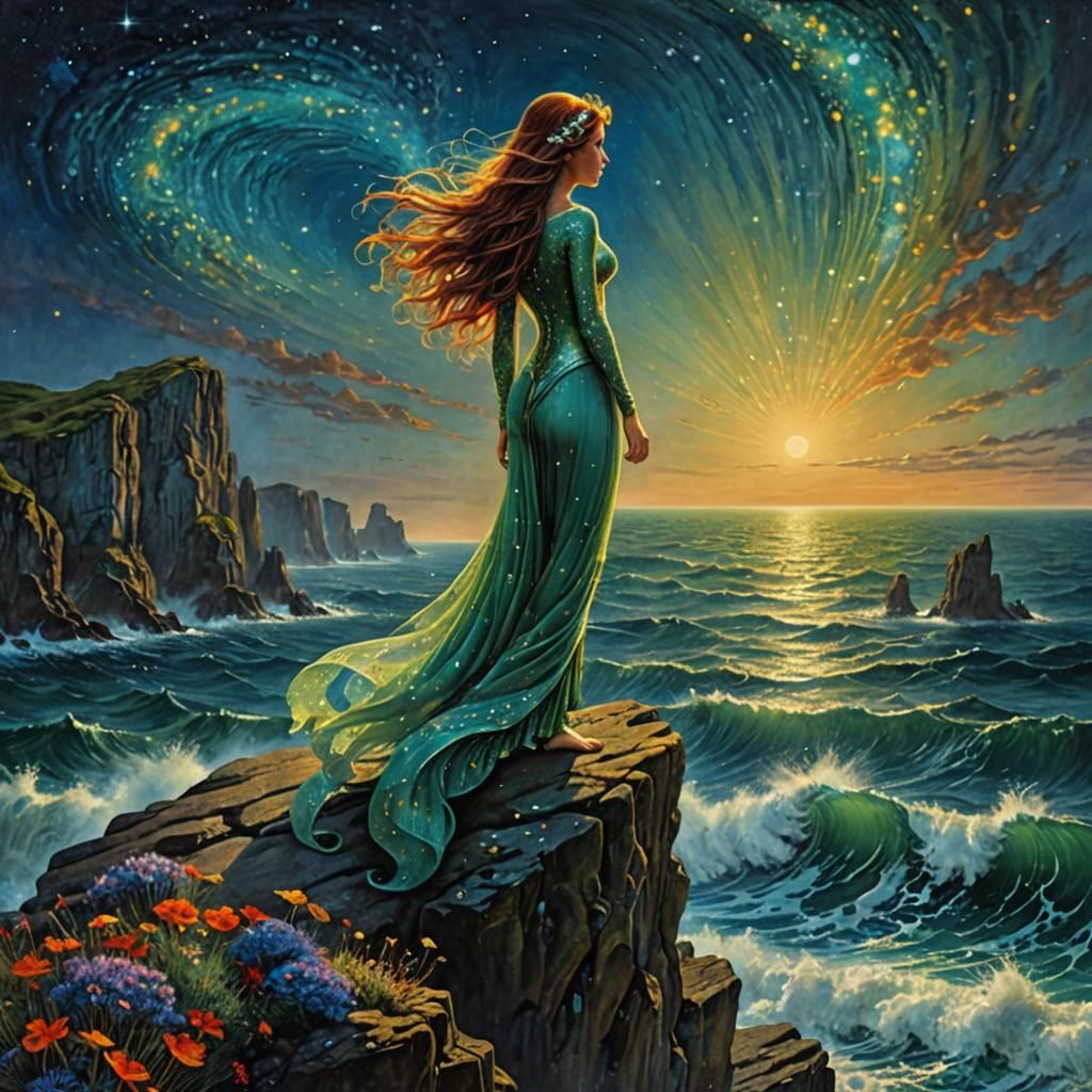 Ariel on a Rock: Surrealist Storybook Illustration