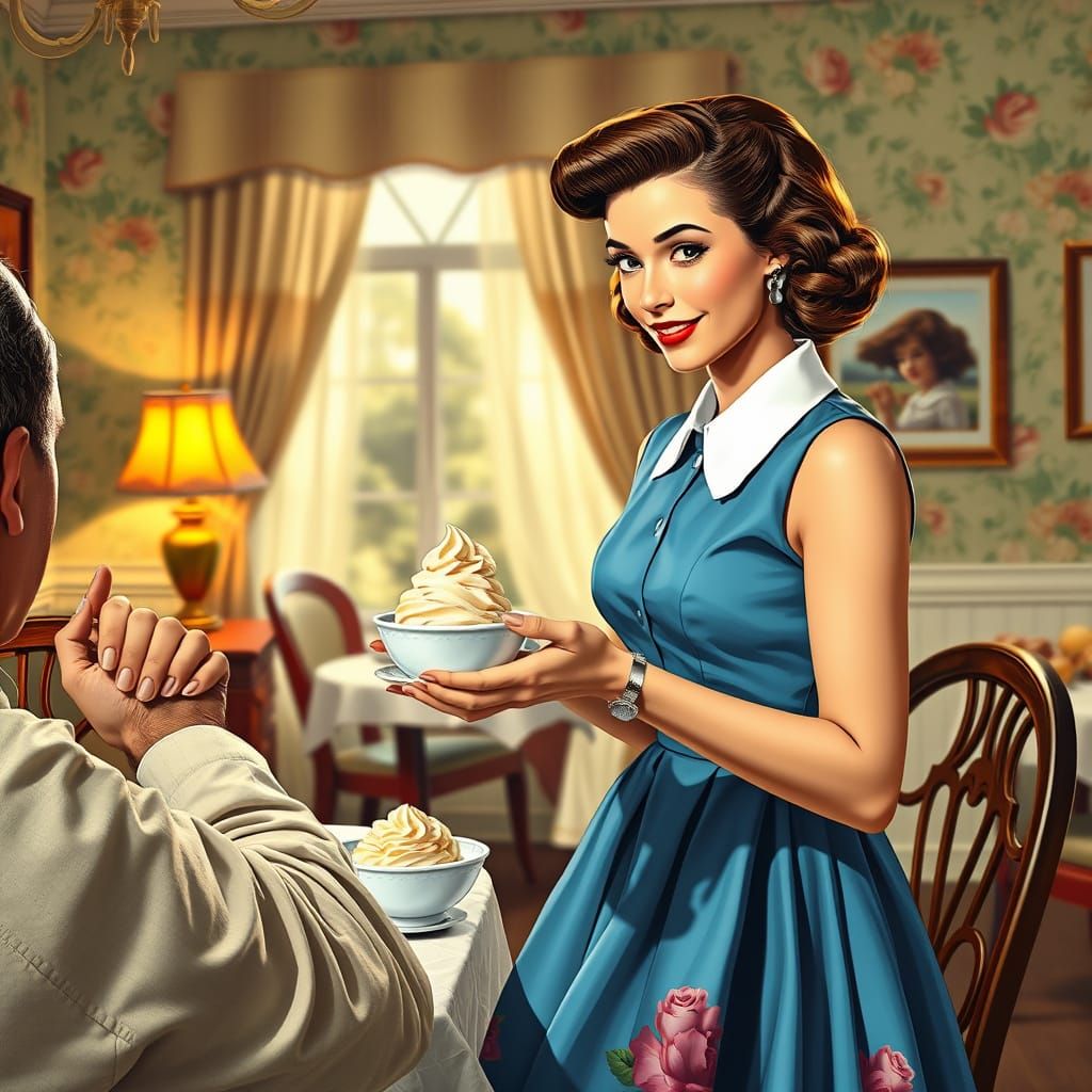 1950s Housewife Serving Ice Cream, Hyperrealistic Style