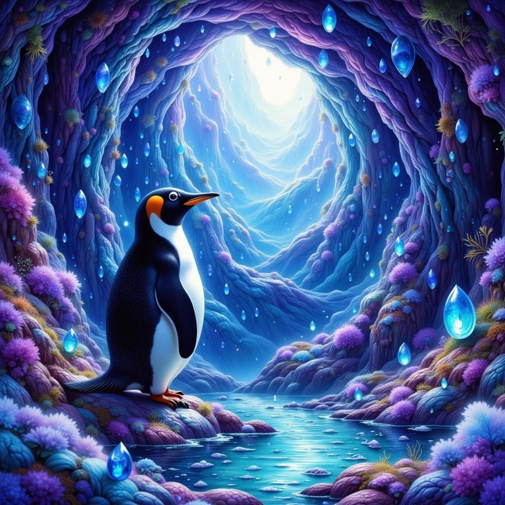 Worried Penguin in Enchanting Crystal Cavern