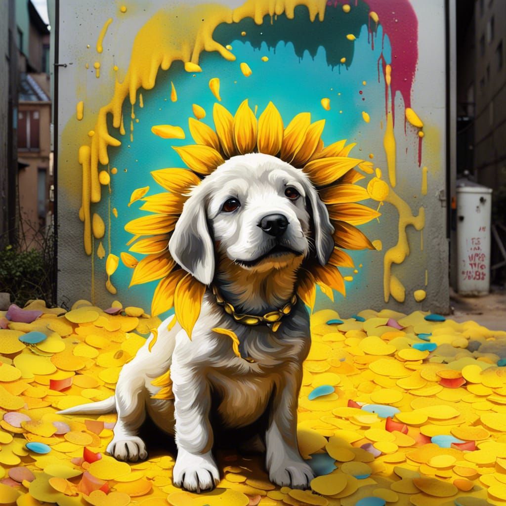 Puppy with Sunflower Halo in Graffiti Art Style