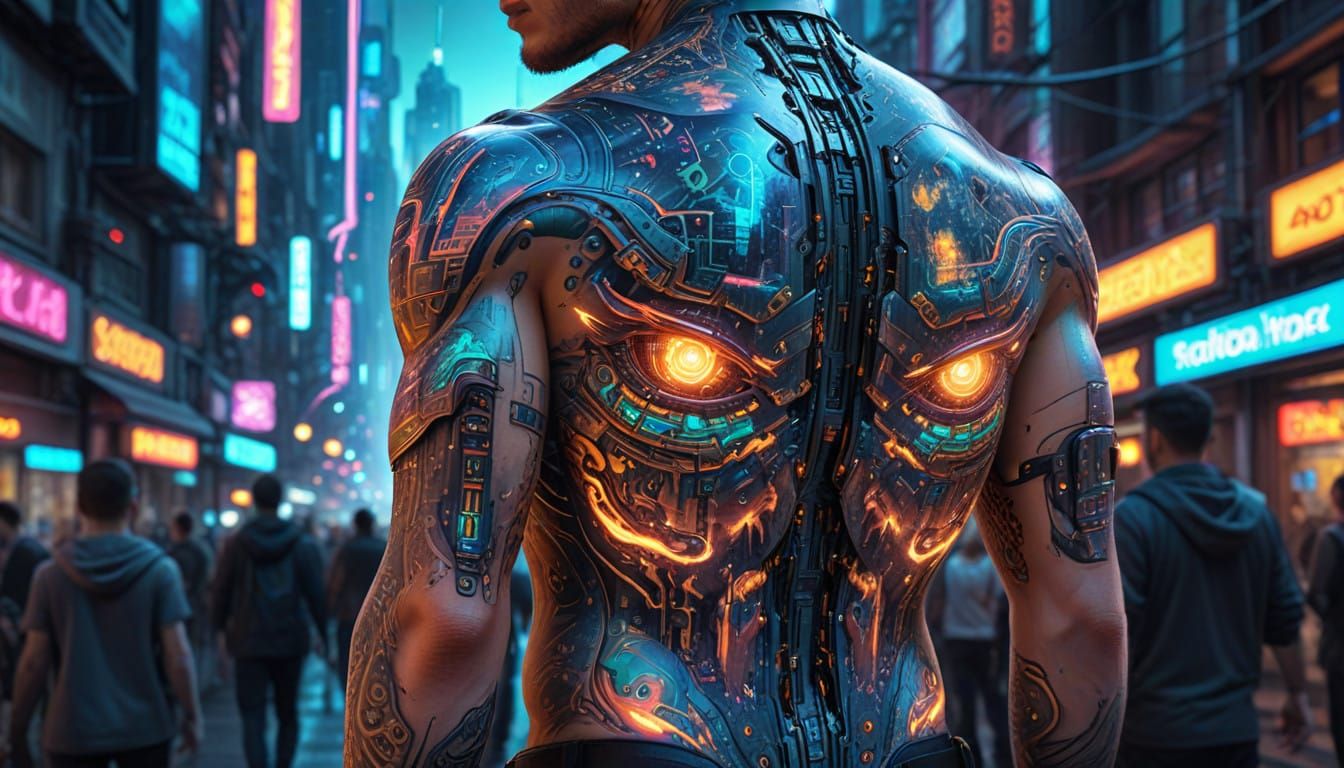 Bio-mechanical Tattoo in Cyberpunk City