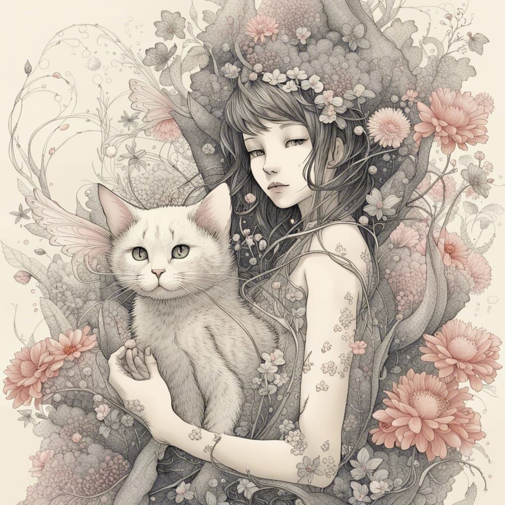 Fairy and Cat in Minimalist Ink Drawing