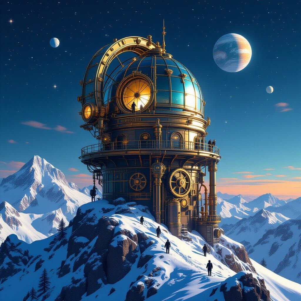Steampunk Observatory on Snowy Peak: Detailed Matte Painting