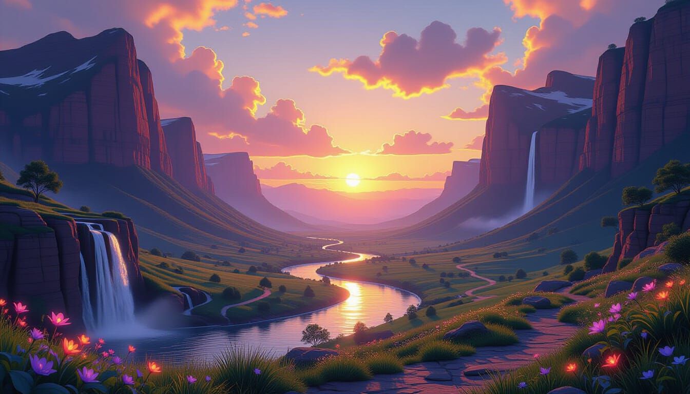 Enchanted Valley of Glowing Flowers and Singing Waterfalls