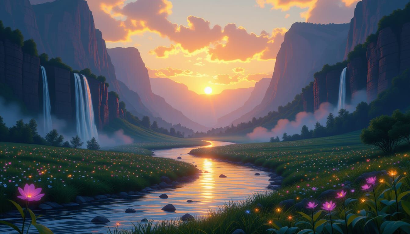 Enchanting Valley of Eternal Bloom with Singing Waterfalls