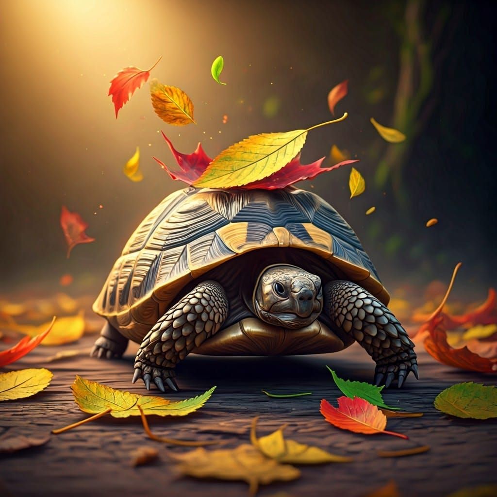 Happy Tortoise Playing in Autumn Leaves