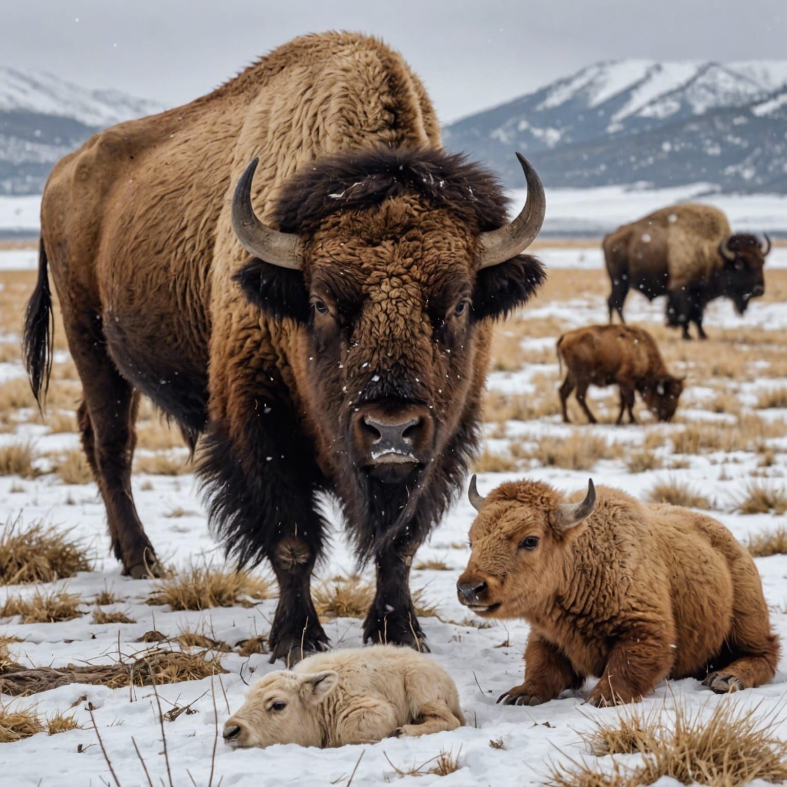 Bison Calf in Snow with Prairie Dog