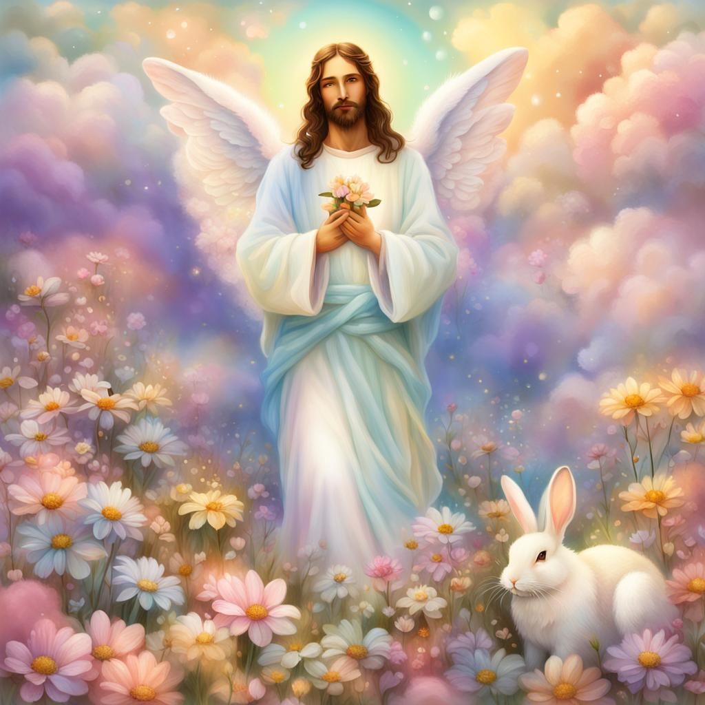 Whimsical Angel Jesus Christ Bunny in Vibrant Blooming Parad...