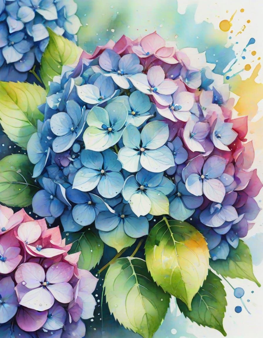 Vibrant Hydrangea Flowers in Watercolor Splash Art