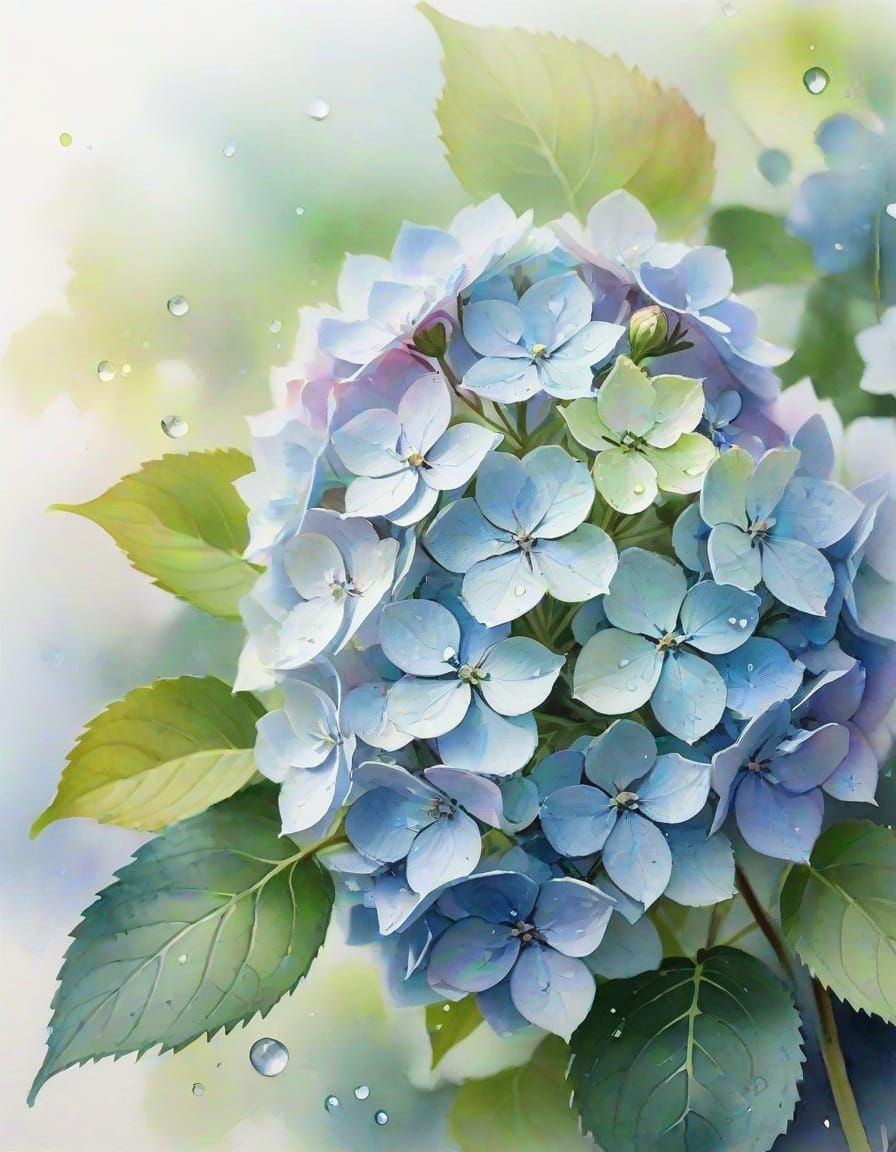 Impressionistic Watercolor Hydrangea Flowers in Garden