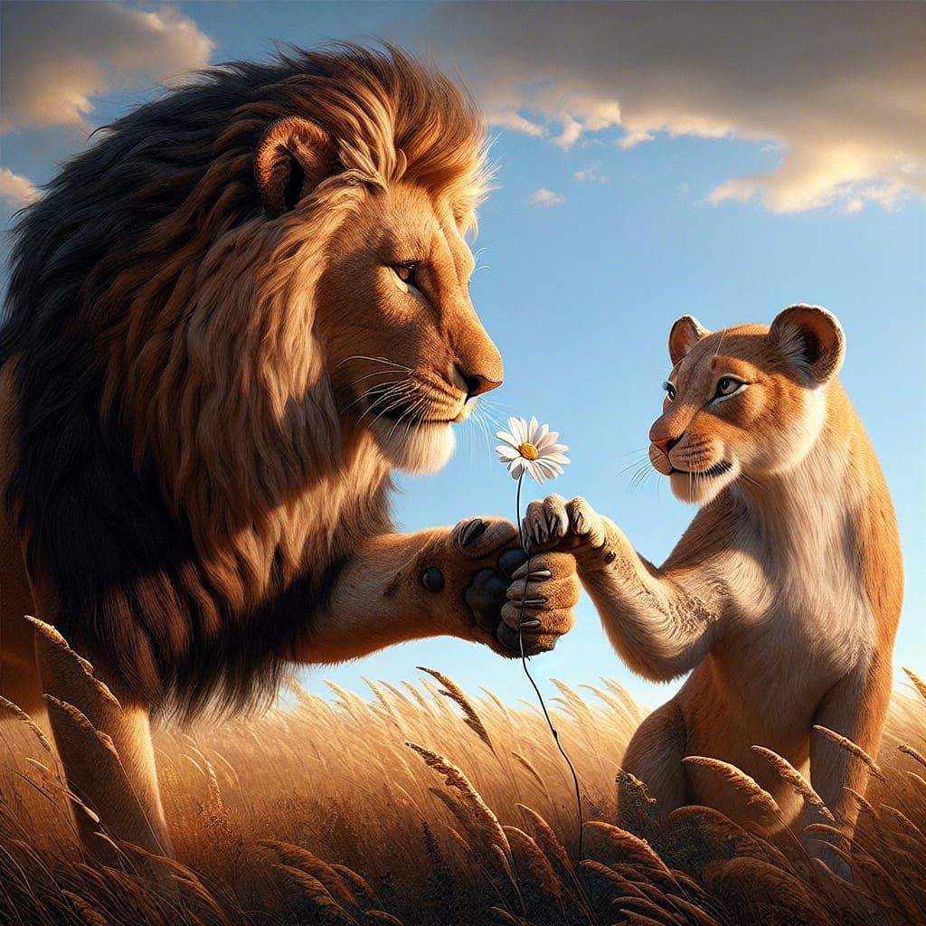 Young Lion's Gentle Gift in Golden Savannah