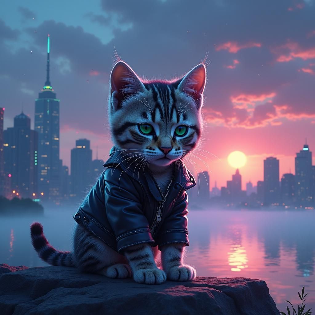 Neon Cyberpunk Kitten at Lakeside Sunset