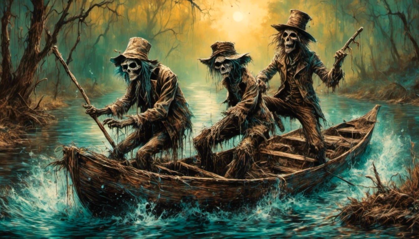 Tom Sawyer and Huck Finn on River in Graffiti Style