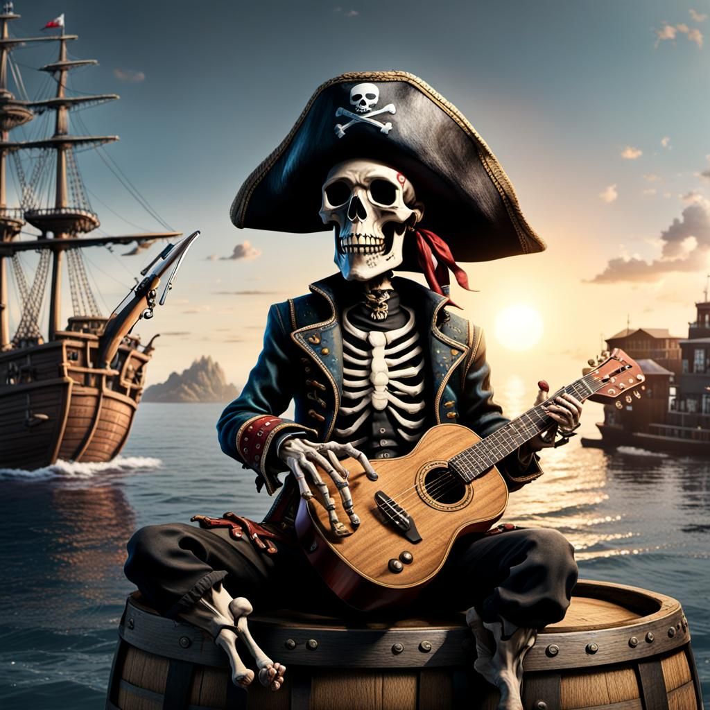Skeleton Pirate Serenade: Hyperrealistic Harbor Scene