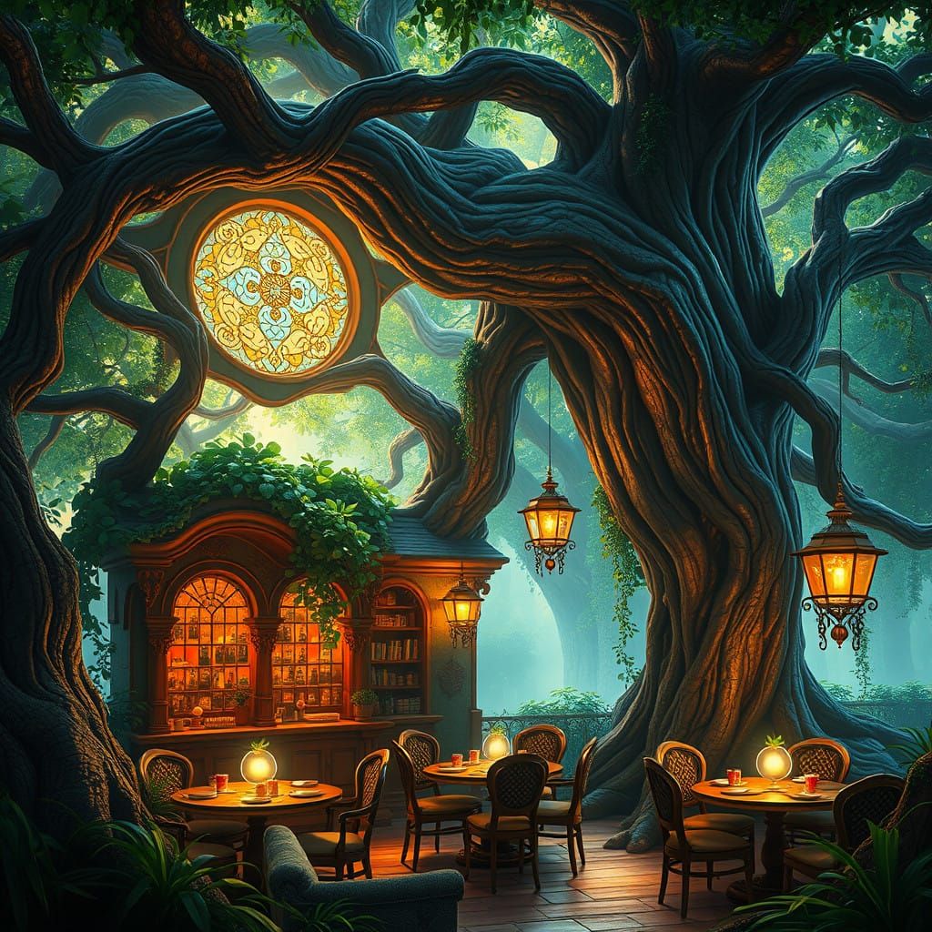 Enchanted Tree Cafe in Vibrant, Mystical Atmosphere