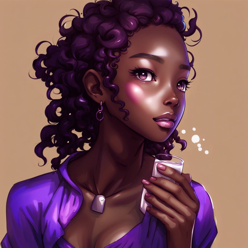 Anime-Style Portrait of a Black Girl with Purple Hair