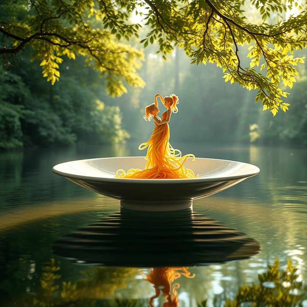 Noodle Couple Dancing on a Plate in Dreamy Forest