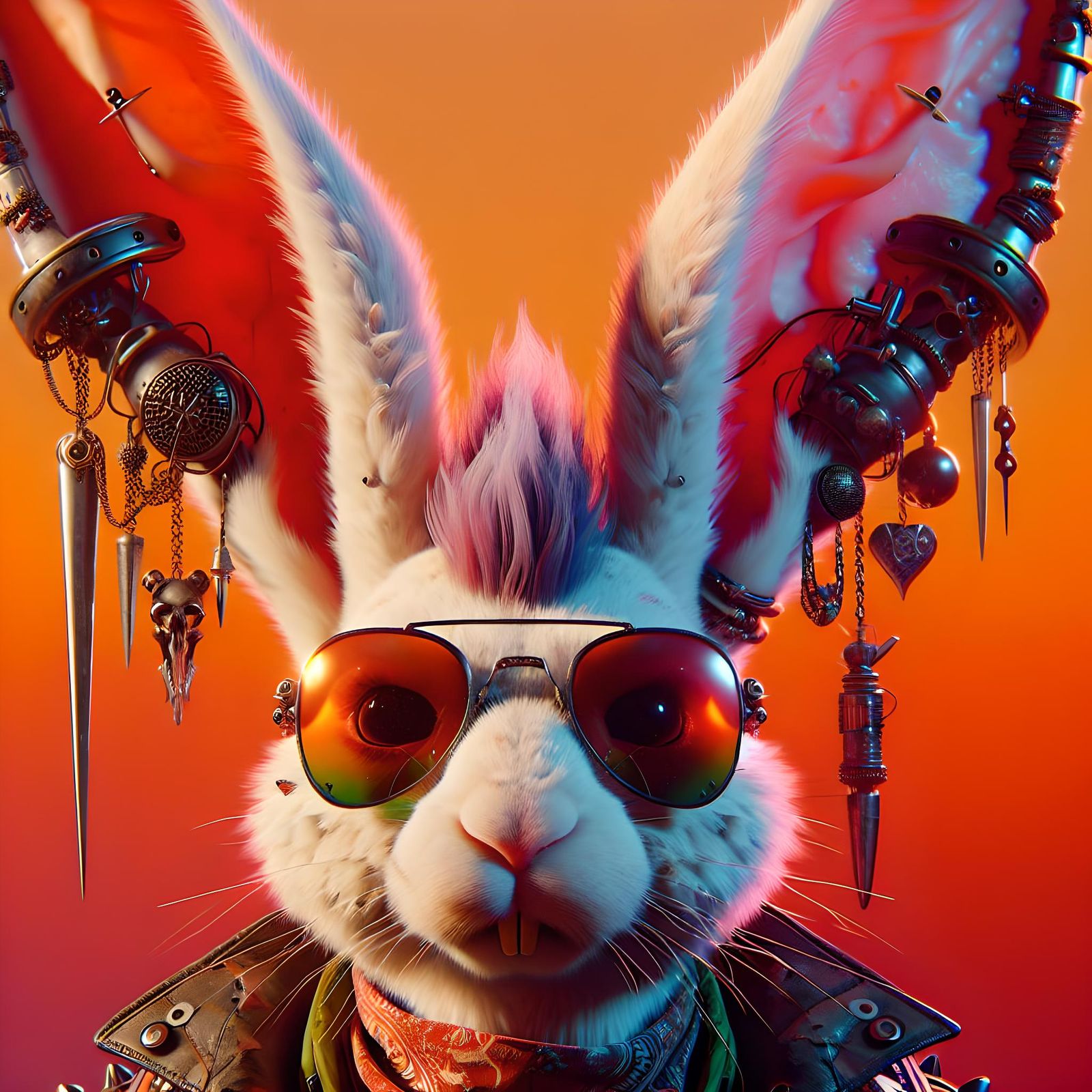 Punk Rabbit Head with Piercings in Matte Painting