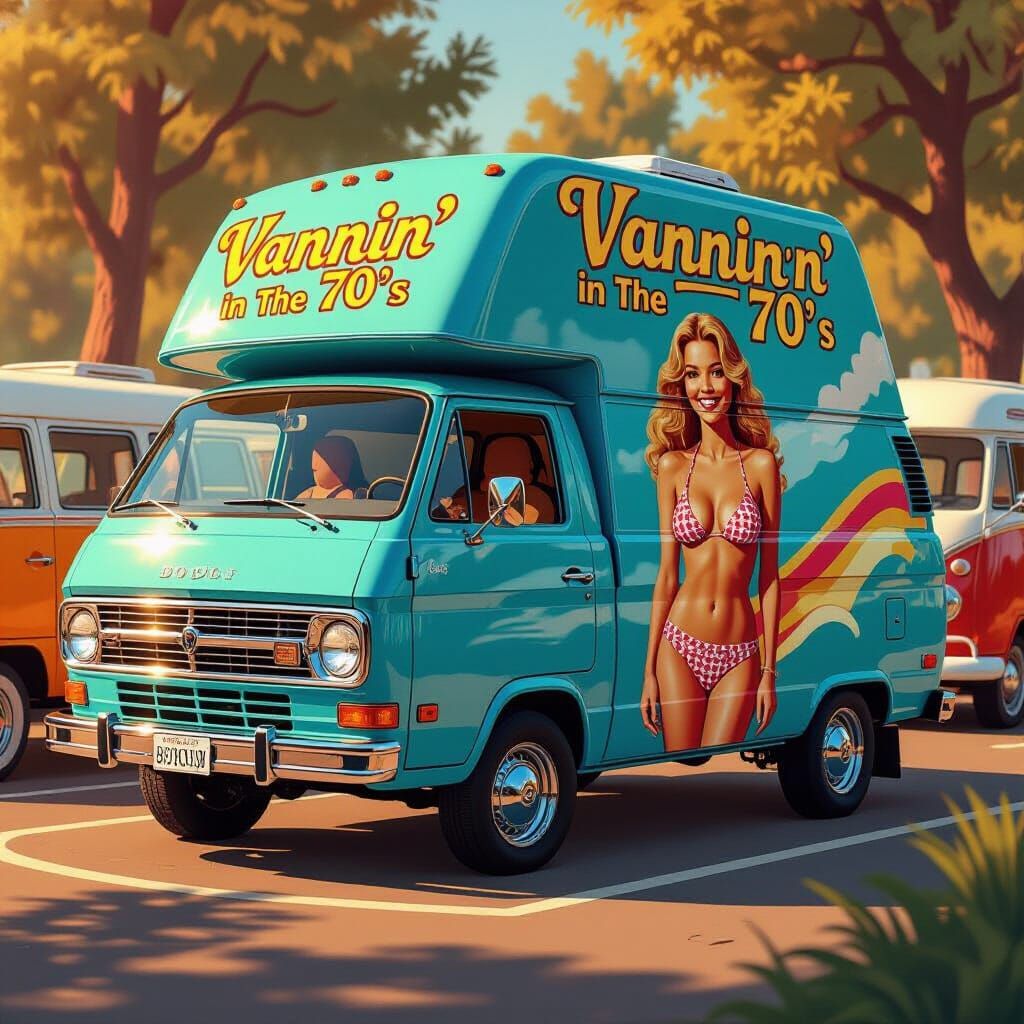 1976 Blue Dodge Van with 70s Bikini Mural at Van-In