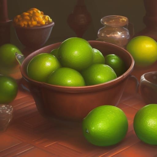 Bowl of Limes: Detailed Matte Painting in Deep Color