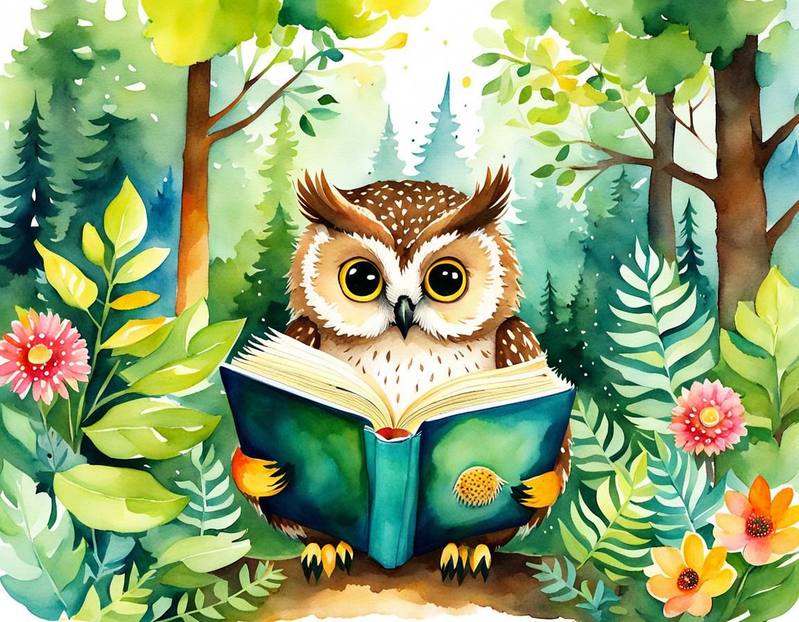 Owl Reading to Hedgehogs in Lush Watercolor Forest
