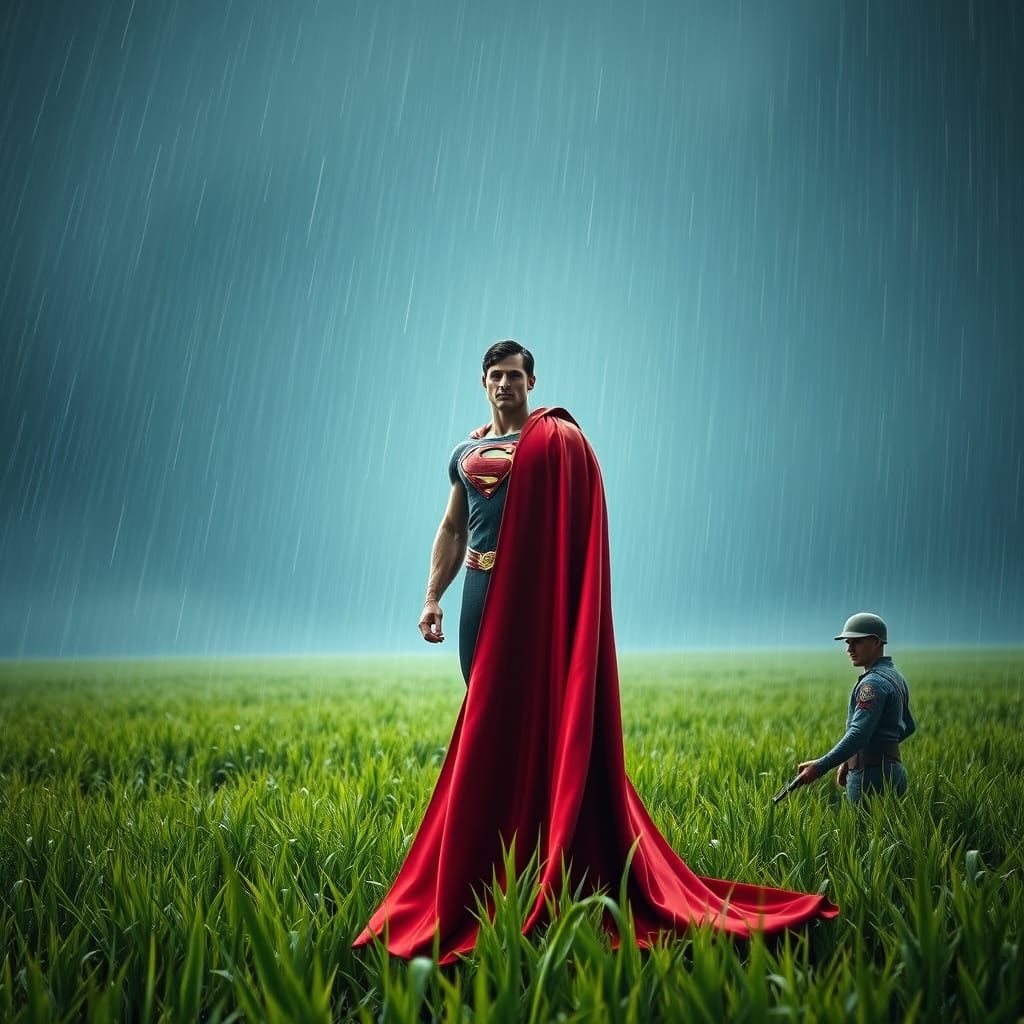 Muscular Hero in Downpour, Dramatic Low Angle