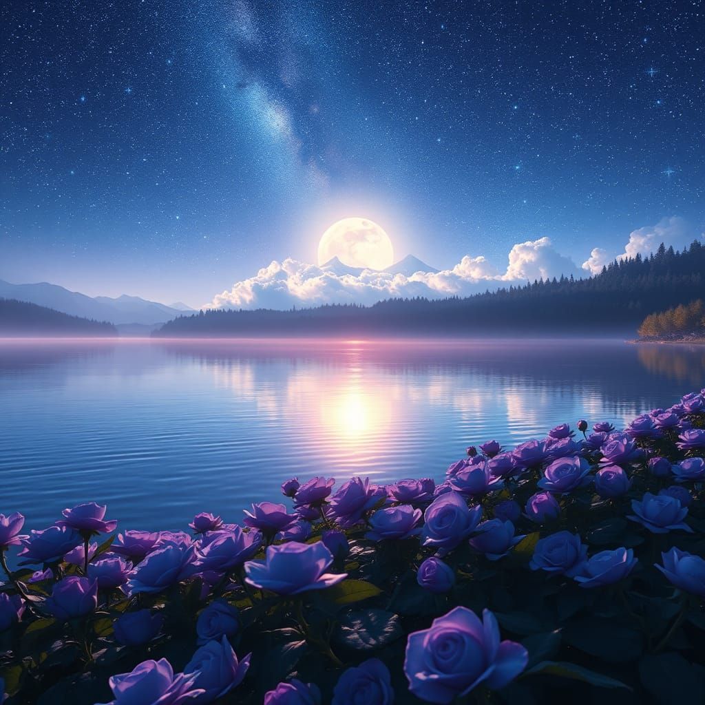 Glowing Lake with Blue Roses and Galaxy Sky