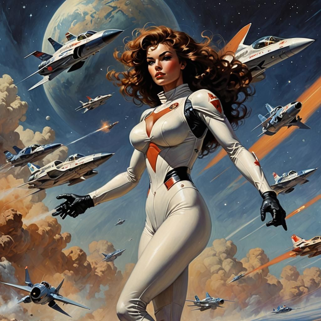 Heroic Woman in Space with Jet Powered Plane