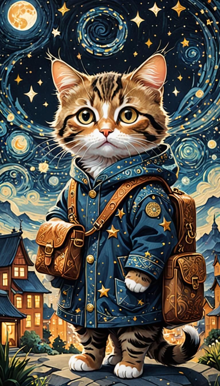 Cartoon Cat Merchant Amid Starry Night Fantasy