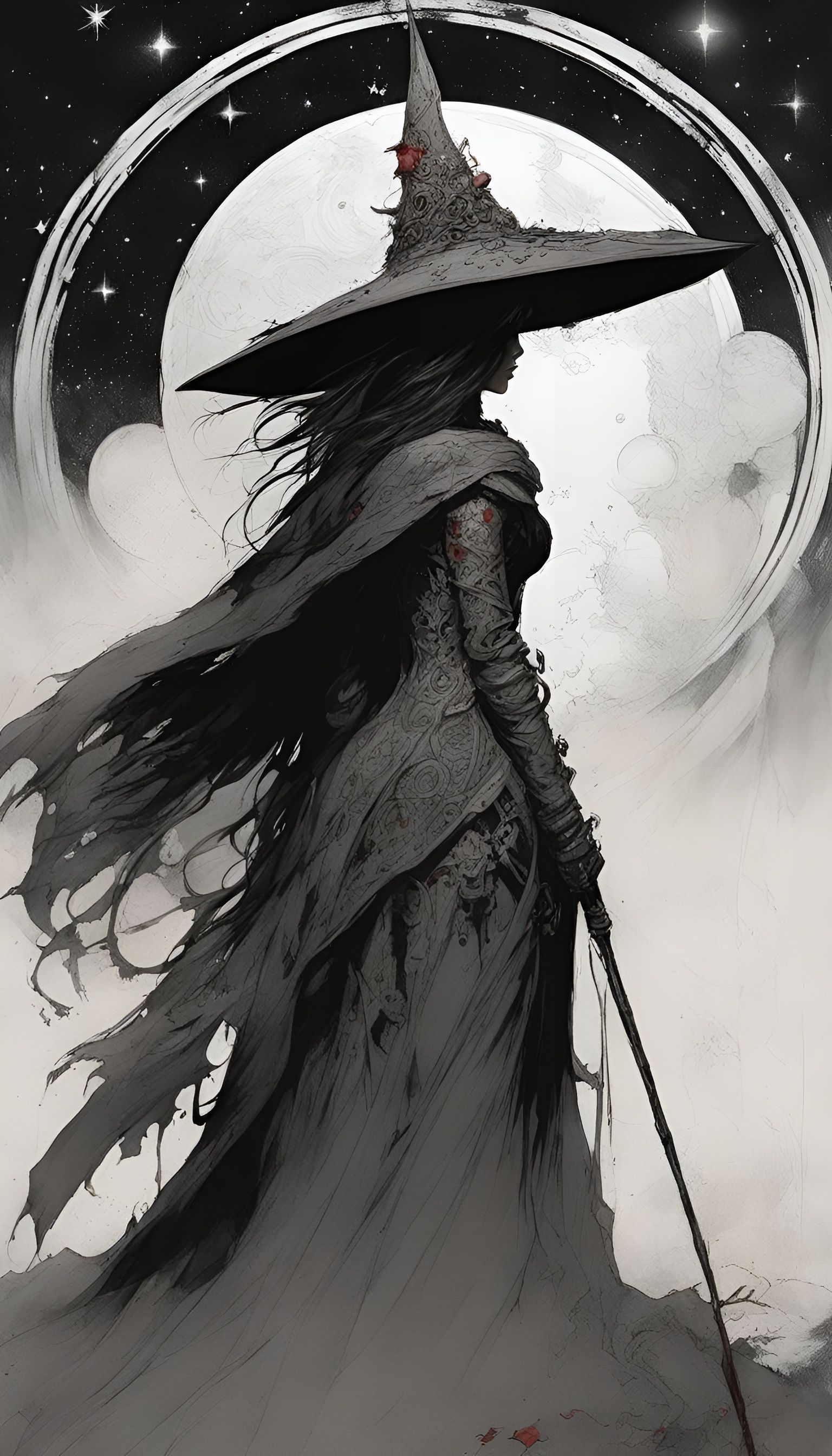 Celestial Witch with Intricate Design and Galaxy Background