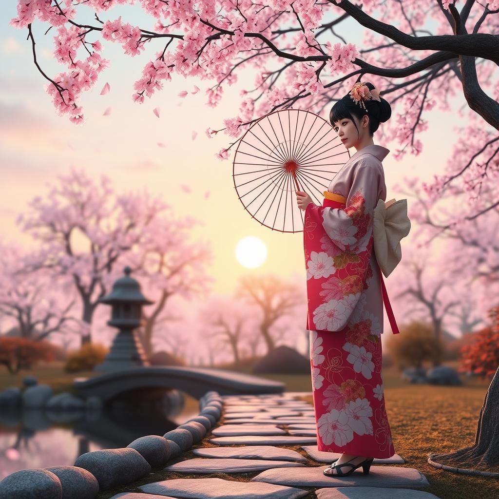 Geisha in Cherry Blossom Garden: 3D Anime Art