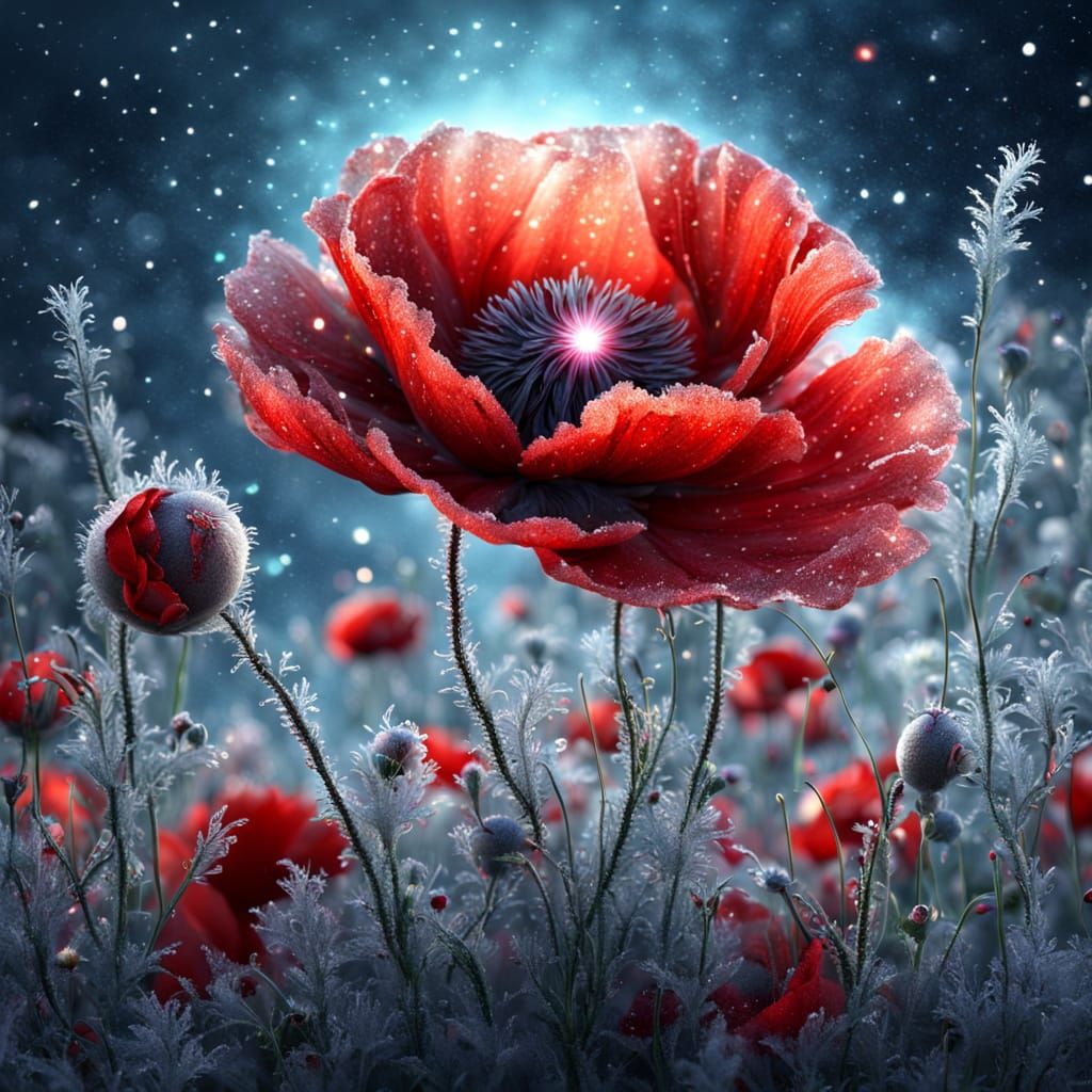 Cosmic Poppy in Exploding Frosty Universe