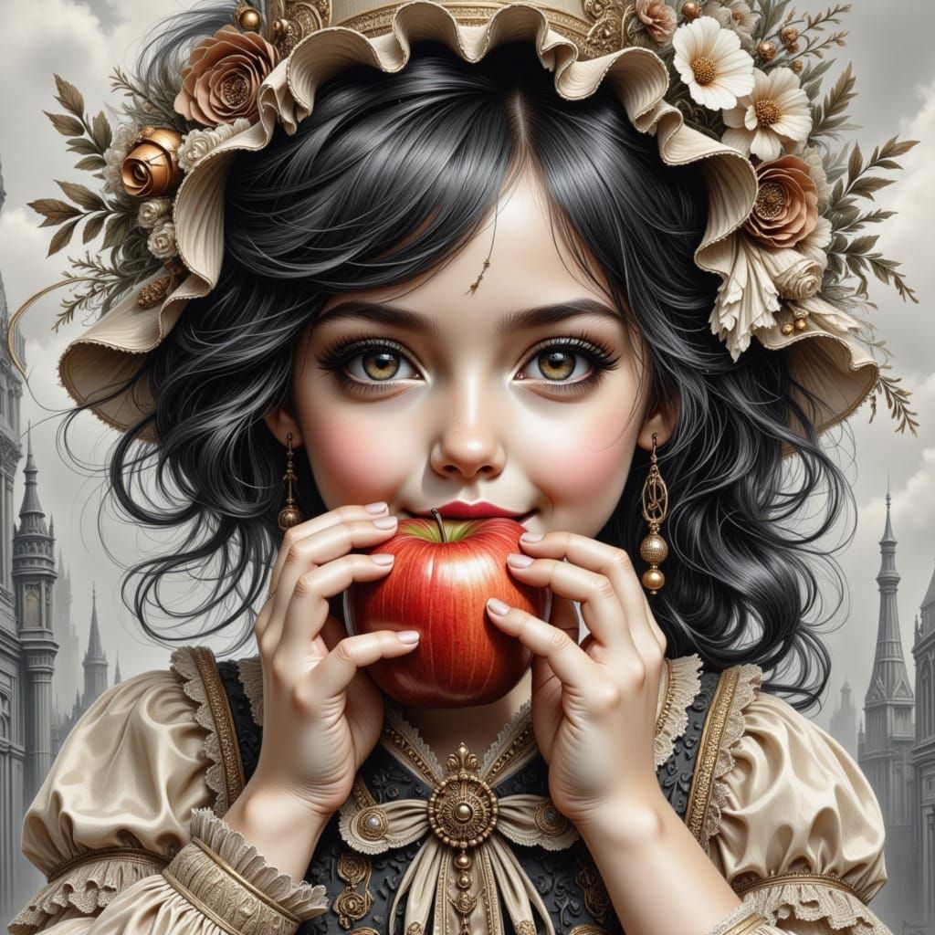 Steampunk Girl with Apple in 19th Century Style