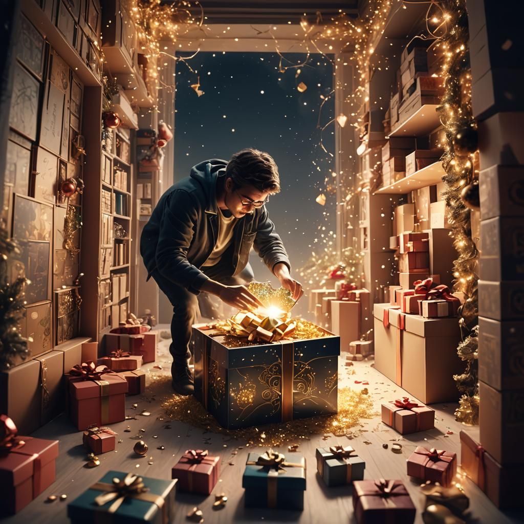 Person Opens Gift Box with Light: Digital Matte Painting
