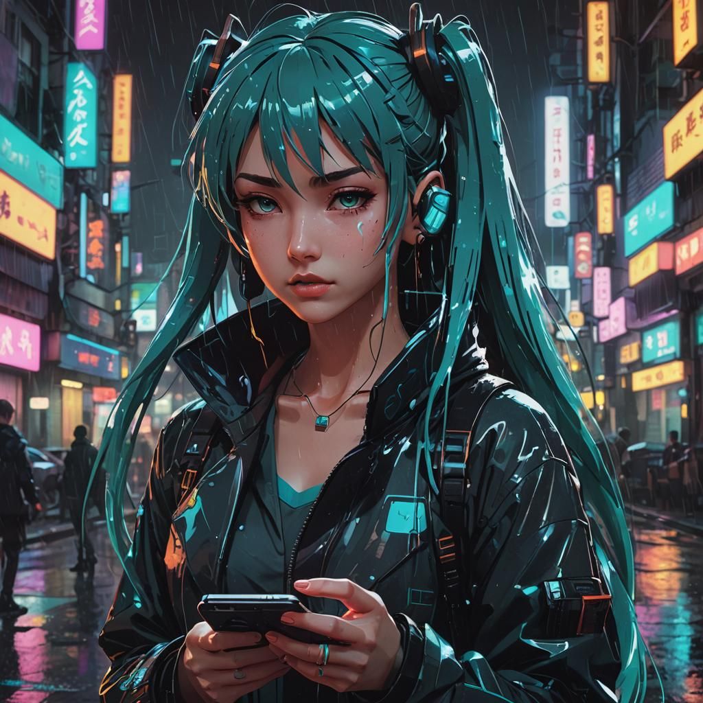 Miku Hatsune in Cyberpunk City Using Dating App