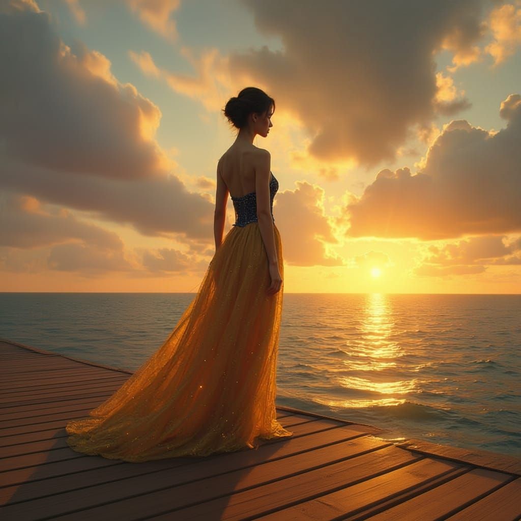 Woman in Golden Gown on Ship at Sunset