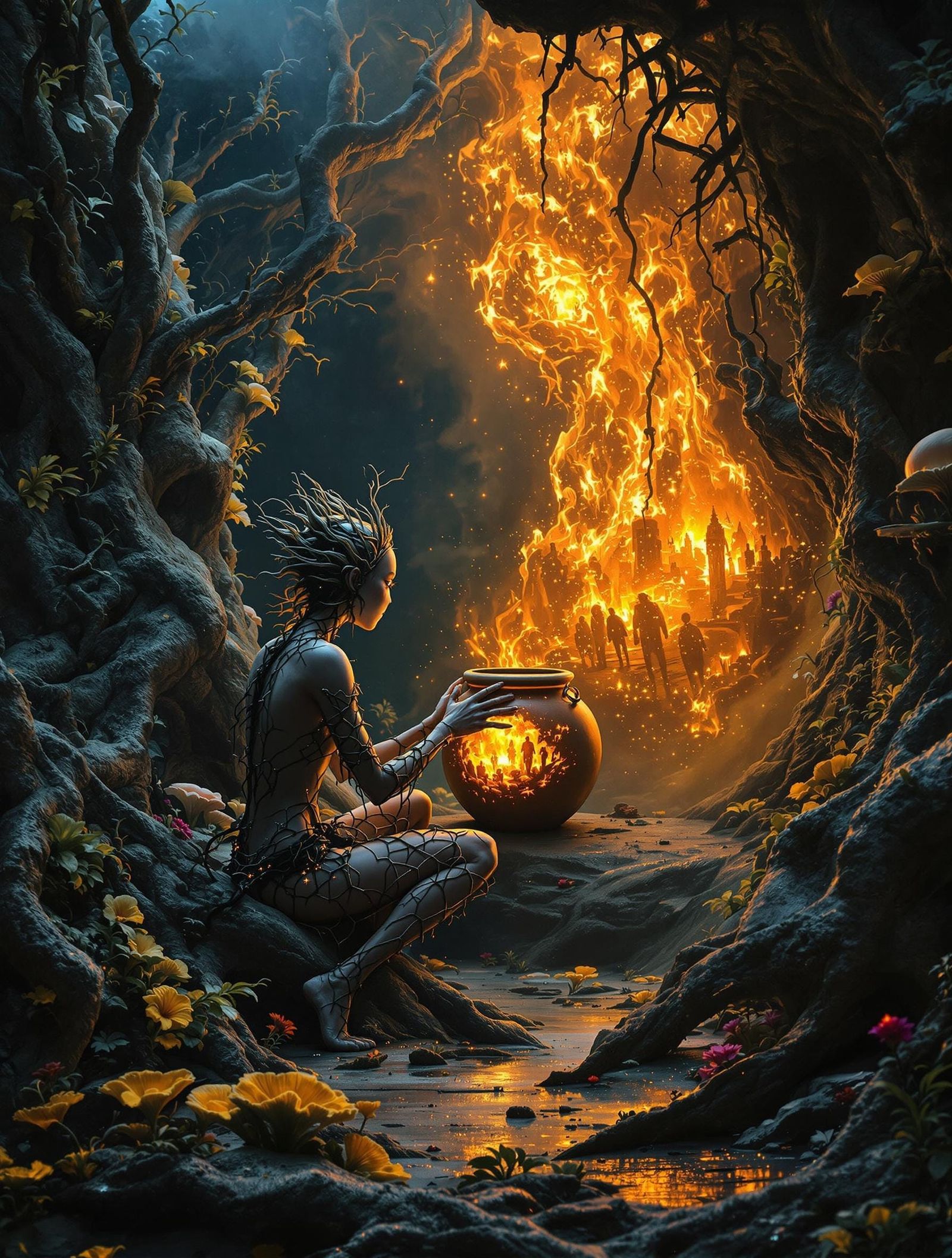 Bioluminescent Archivist Unveils Burning City Visions