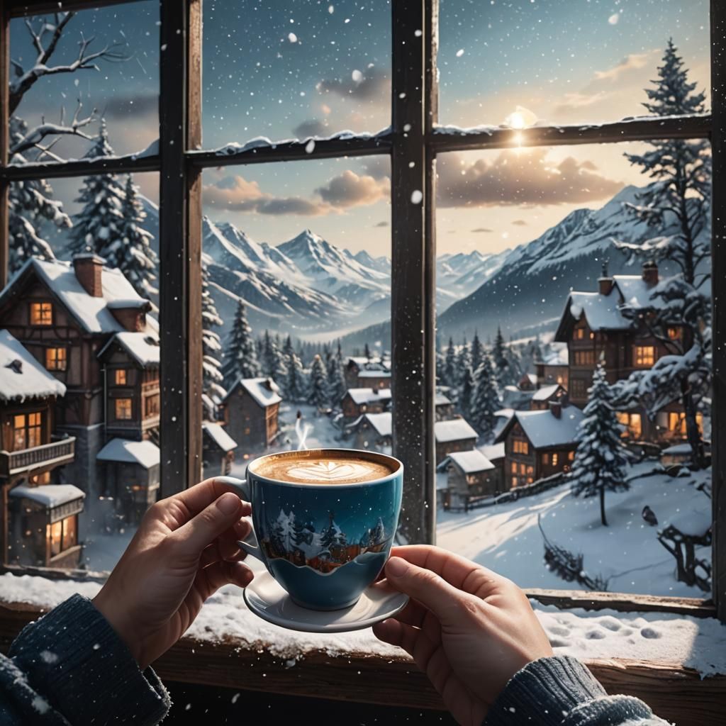 Coffee Cup View: Snowy Landscape in Detailed Matte Painting