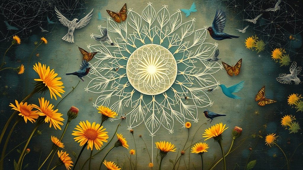 Ethereal Star Being Among Dandelions in Vibrant Blooms and D...