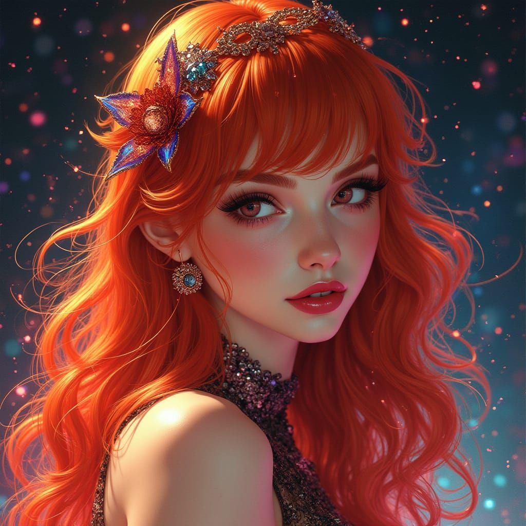 Redhead Woman with Sparkles in Art Nouveau Style